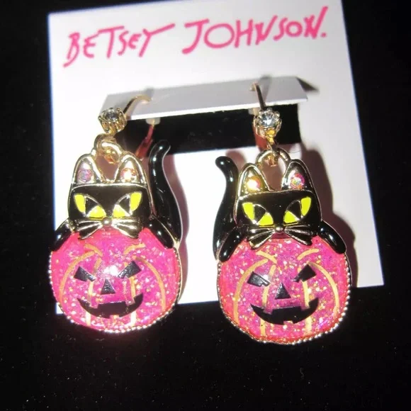 New Betsey Johnson Faux Stone Cat Pumpkin Drop Earrings - Picture 6 of 8